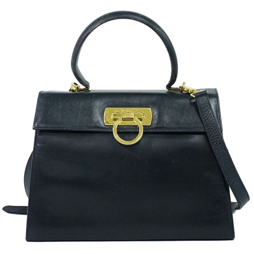 Salvatore Ferragamo Convertible Top Handle Leather Navy Leather Handbag